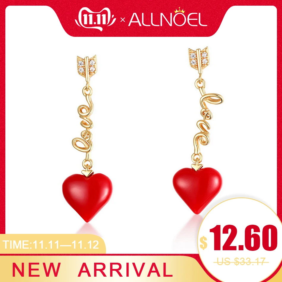 

ALLNOEL Real 925 Sterling Silver 9K Gold Red Coral Heart Pendant Earrings Jewelry Gift For Women Fine Jewelry 2019 NEW