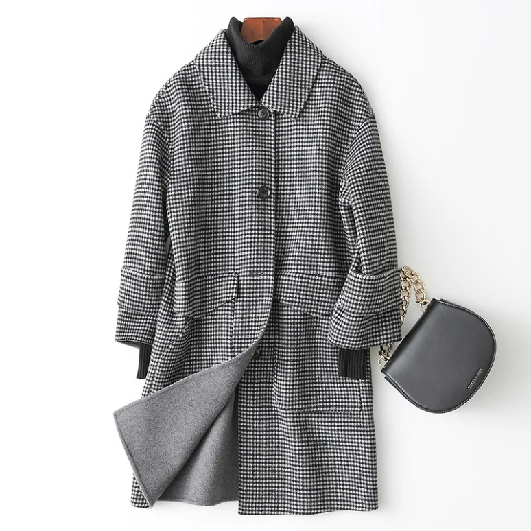 

Boollili 2020 New Double-sided Wool Coat Female Spring AUtumn Woolen Overcoat Women Houndstooth Plaid Wool Jacket