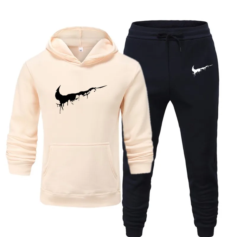 C-khaki navy blue Брендовый спортивный костюм, мужское термобелье, мужские спортивные комплекты, флисовая плотная толстовка с капюшоном+ штаны, спортивный костюм, мужской костюм - Цвет: C-khaki navy blue