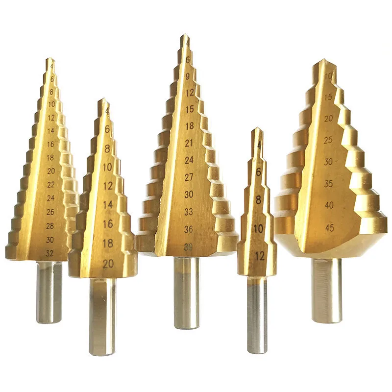 Juego de brocas escalonadas con revestimiento de titanio HSS broca de cono escalonado con vástago hexagonal para herramientas de corte de agujeros de taladro de madera de Metal