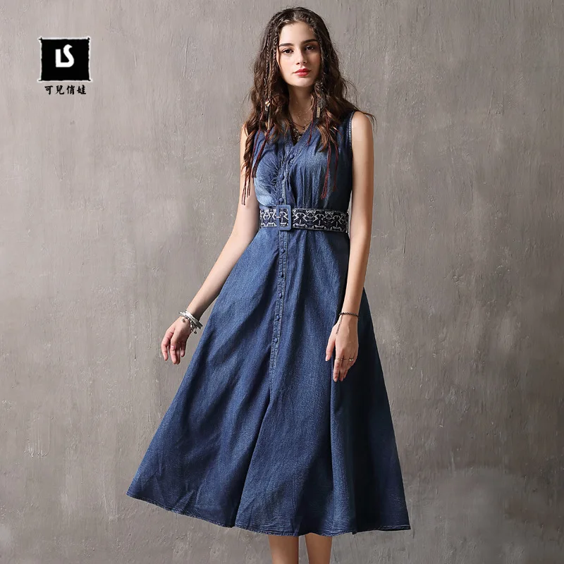 

Boutique WOMEN'S Dress 2019 Summer New Style Vest Denim Skirt Retro Embroidered Single Breasted Dress A82093