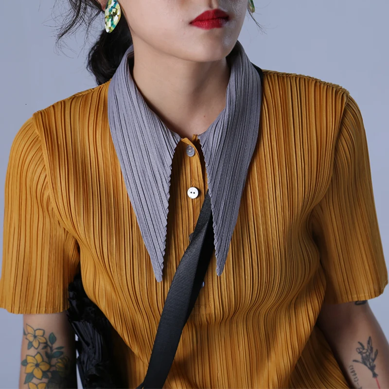  LANMREM 2020 Fashion New Pleated Shirt Women Hit Color Collar Short Sleeve Fold Blouse Famale High 