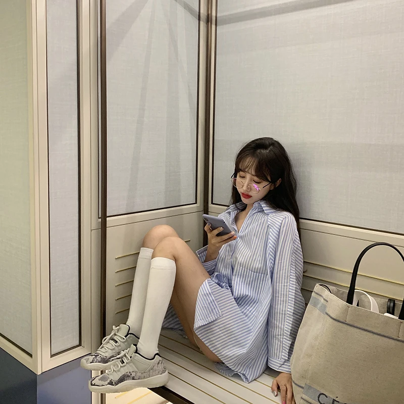 

2019 BF Style loose neck striped Women blue Tops and Blouses Casual autumn Womans Long Sleeve sun Shirts outwear coats (R88820)