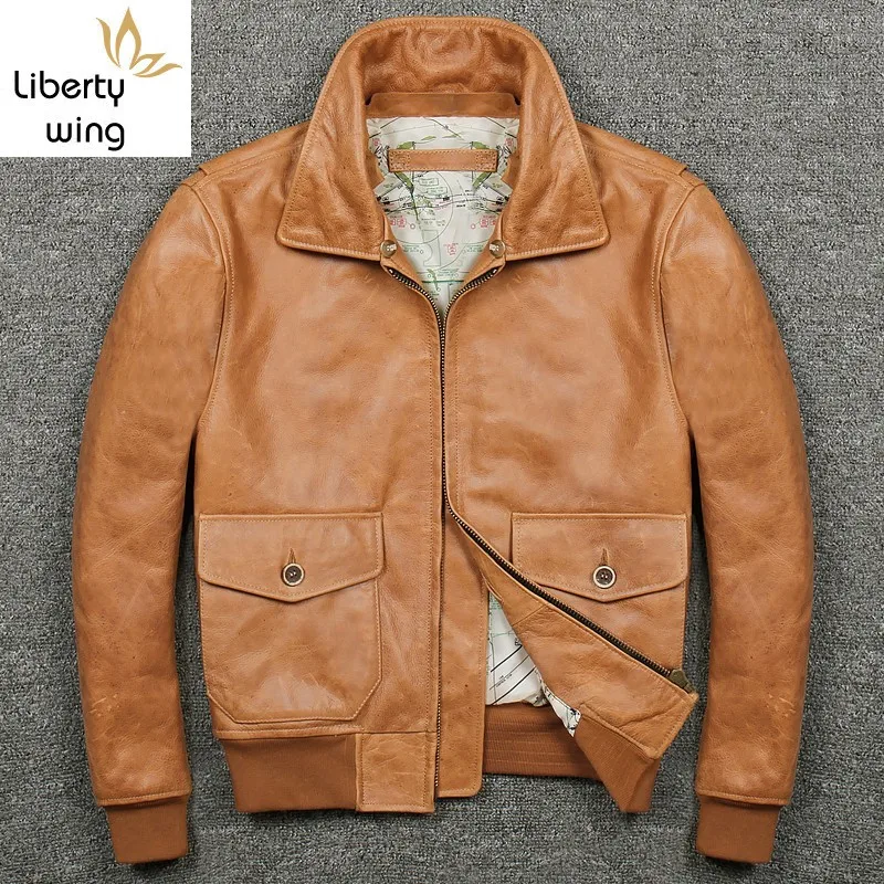 

New Autumn Winter Mens Pilot Genuine Leather Orange Coat Turn-Down Collar Detachable Zipper Thick Real Cow Aviator Jacket