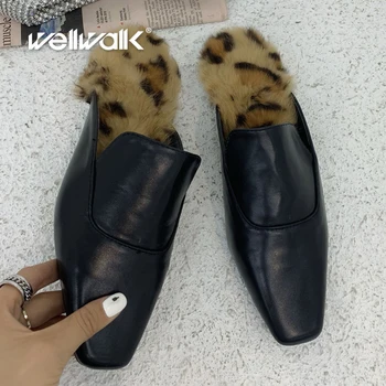 

Classics Loafers Women Flat Mules Shoes Fur Insole Slides Female Genuine Leather PU Slippers Unicorn Leopard Printing Shoe Woman