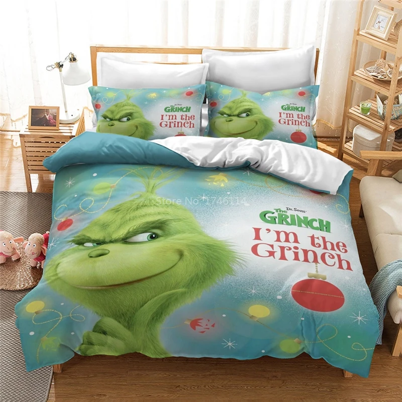 Green Monster Grinch Cartoon Bedding Set Duvet Cover Pillowcases
