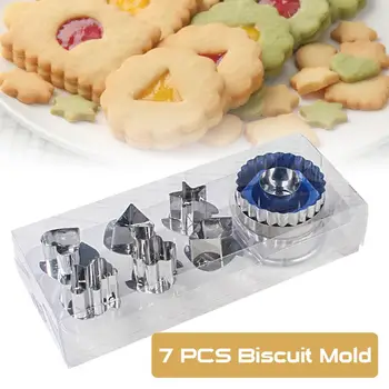 

7pcs Cookie Cutters Set 6 Patterns Stainless Steel Baking Mold with 1 Press for Biscuit Cookie Pastry