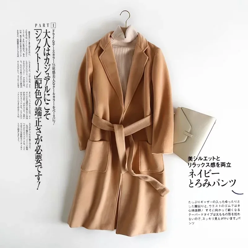 

Women's autumn and winter long section plus thick cotton coat solid color Slim Belt Woolen Windbreaker