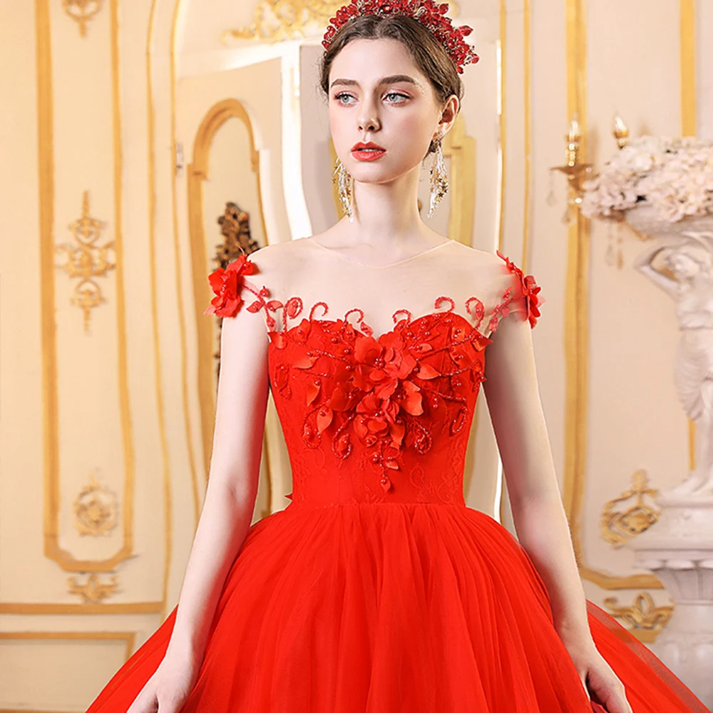 Vestido De Noiva Princesa изготовление на заказ Бисероплетение аппликации цветы Великолепный красный бальное платье Свадебные платья плюс размер Hochzeitskleid