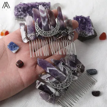 

5PCS Silvery Wire Wrapped Amethysts Quartz Stick Point Hair Combs Tiara For Women Crystal Combs Headband Hair Jewelry HG031AMAB