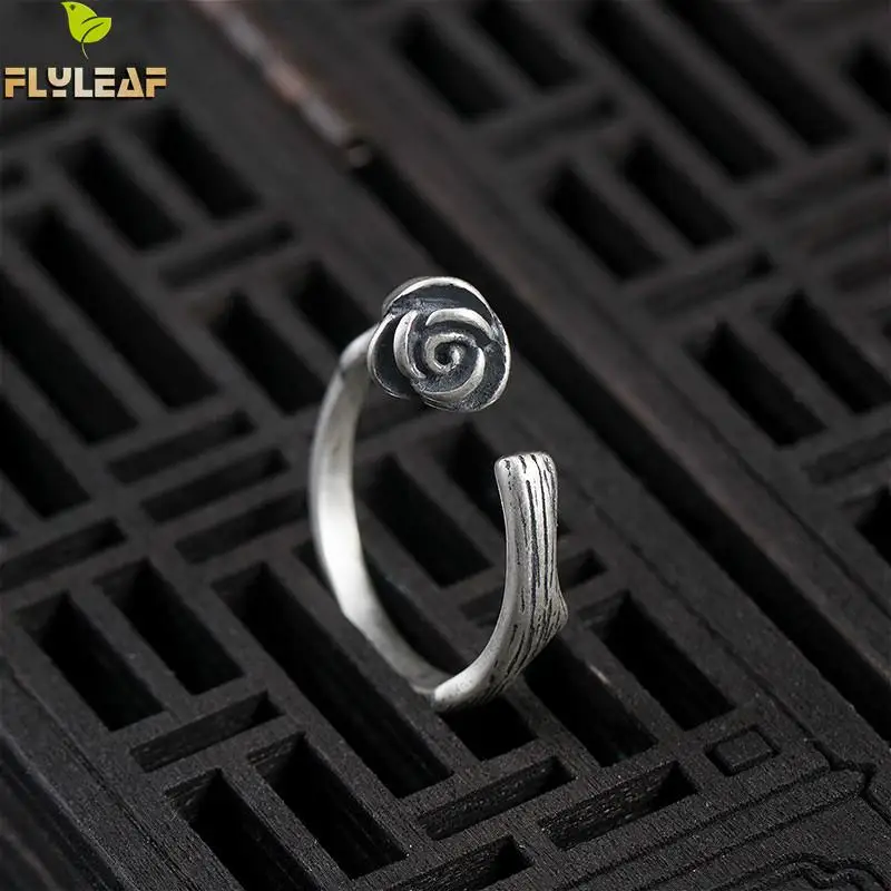 

Flyleaf Handmade 925 Sterling Silver Retro Rose Open Rings For Women INS Frosty Style Girl Student Vintage Jewelry