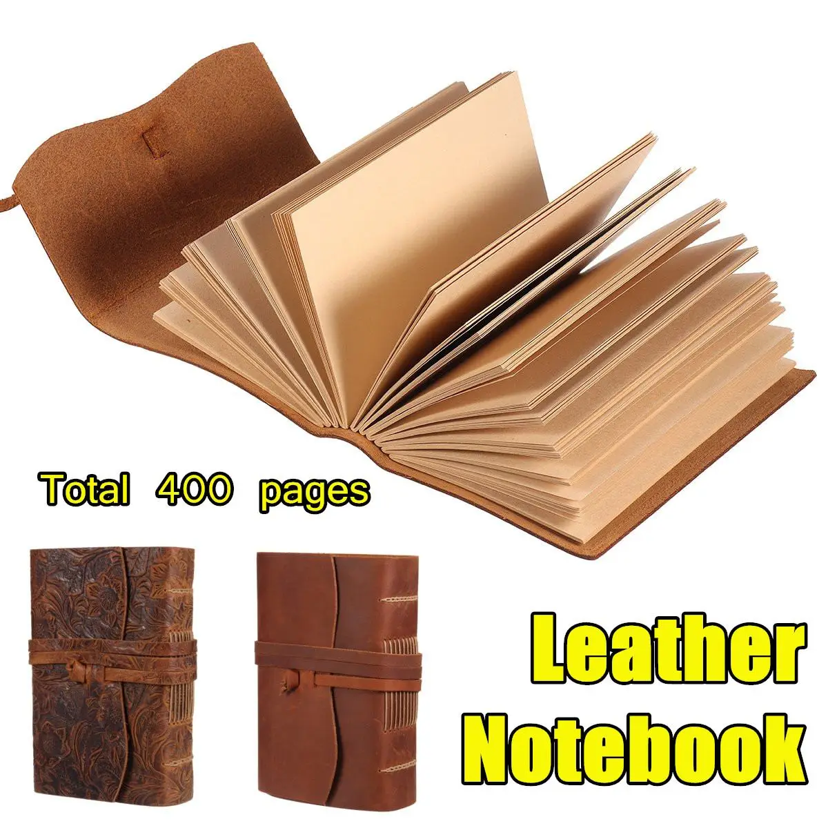 

Pure Handmade Genuine Leather Journal Notebook Planner Book 400P Band Blank Paper Relief Cover Retro Diary Kraft Travel Agenda