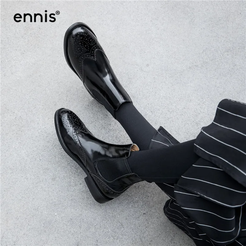 ENNIS/брендовые черные броги; женские ботинки; ботинки «Челси» из натуральной кожи; лакированные ботильоны; обувь на плоской подошве; женская модная Осенняя обувь; A9336