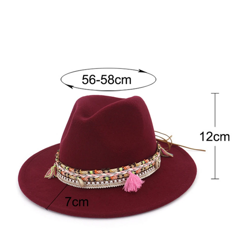 Модная женская шерстяная шляпа Fedora с бахрома на ленте вечерние шляпы для элегантного Ladywide джазования с полями шляпка для церкви