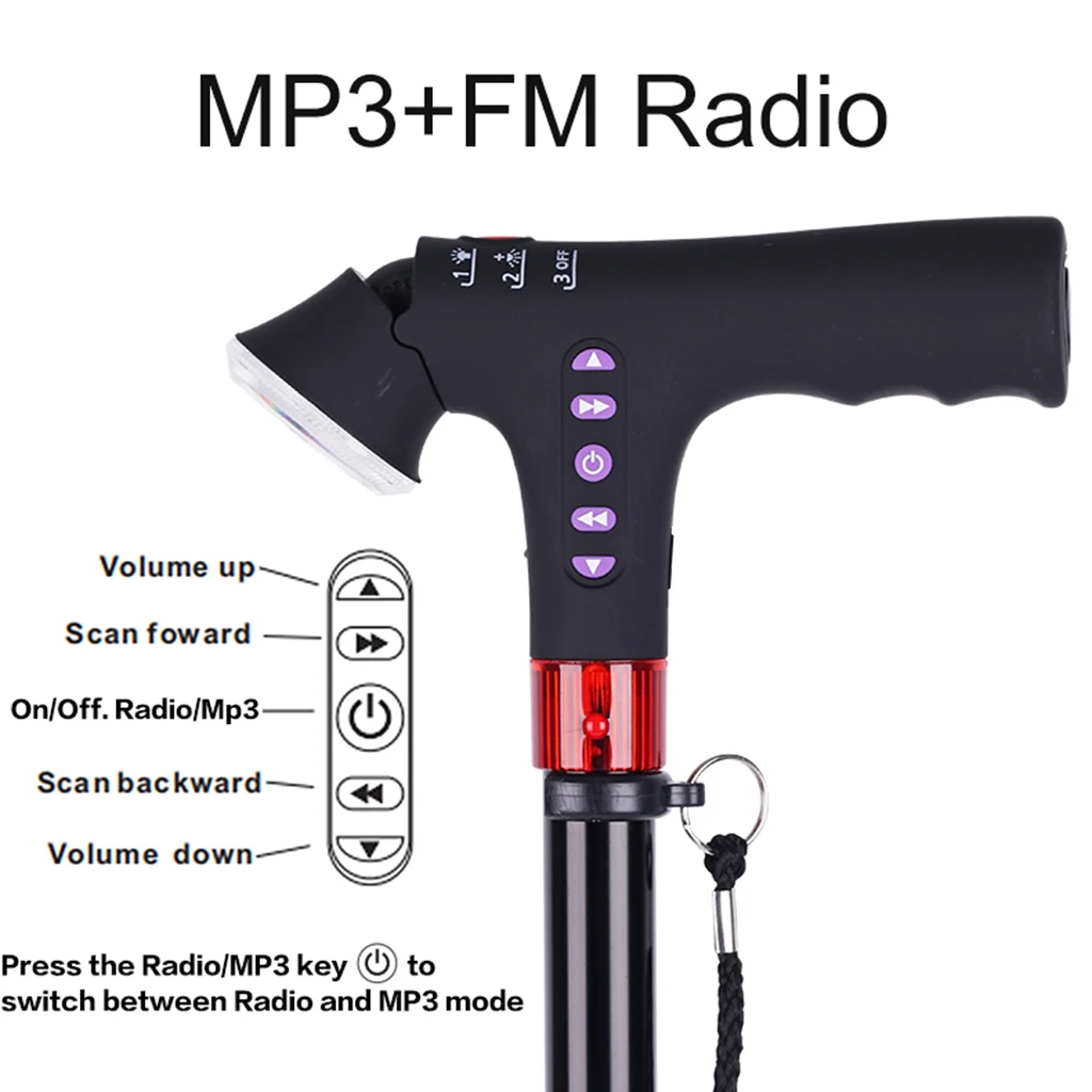 Adjustable Aluminium Walk Stick Cane With LED Light & Alarm And MP3 Player/Radio Recharge Ergonomics Handle Anti Slip Rubber Tip