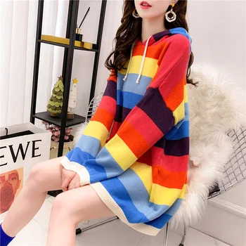 

2020 New Arrival Women's Rainbow Sweaters Hooded Full Pullovers Long-sleeved Warm Winter Sweaters