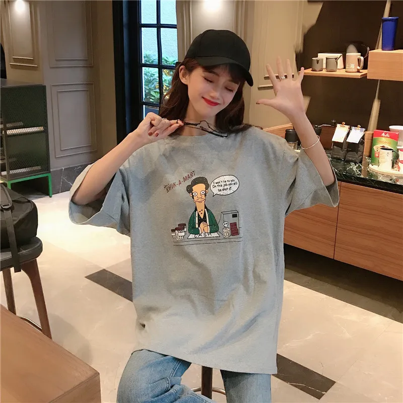 Summer 2020 new Women's T-shirt Korean  Loose Lazy Medium Length Tshirt Women Cartoon Print White Gray Blue Green Top Female