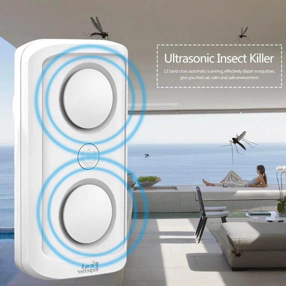 

Ultrasonic Fly Pest Reject Repeller Wide Coverage 12 Band Cross Automatic Scanning Home Bed Bugs Mites Spider Roaches Defender