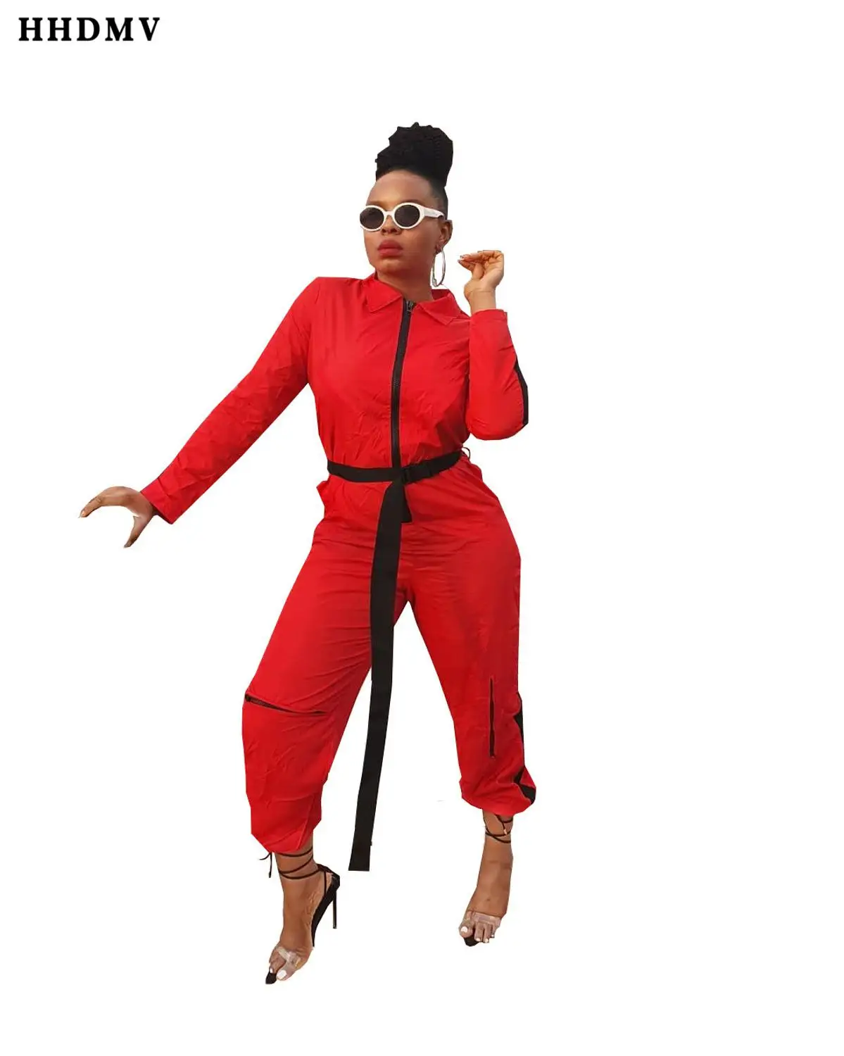 HHDMV XM10832 women casual tooling style jumpsuits long sleeve lapel zipper sashes pure color simple jumpsuits long pants