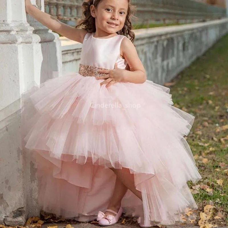 166 Puffy Pink Ball Gown Flower Girls Dresses High Low Sleeveless Sequins Bow Sash Girls Pageant Dresses Vestidos