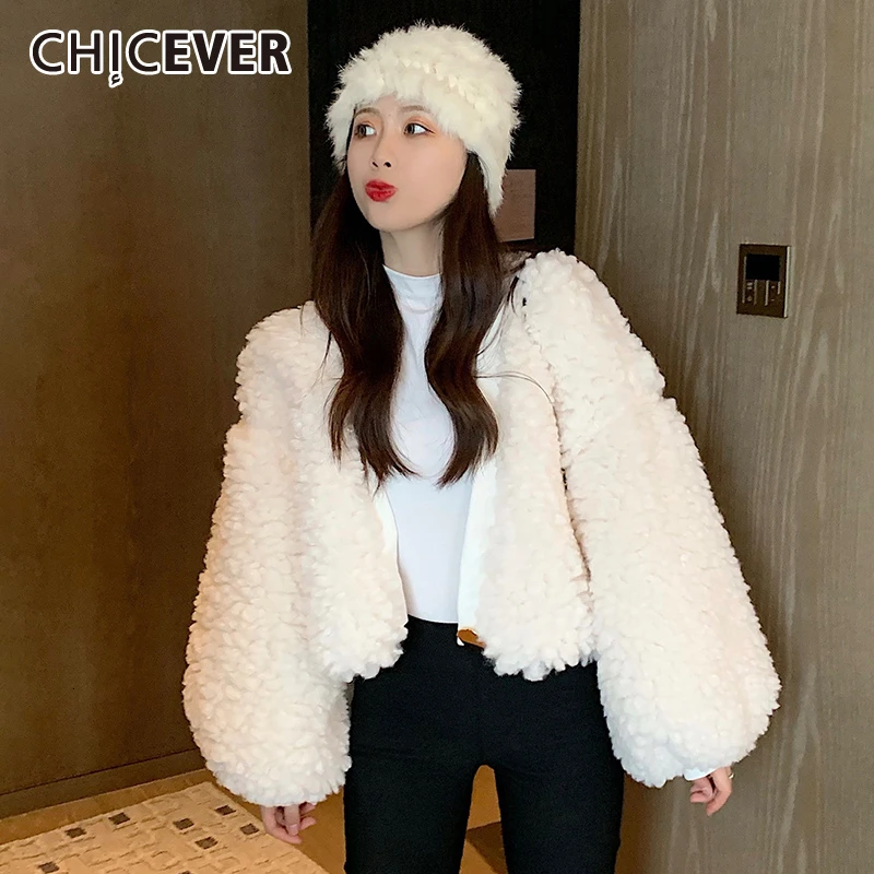 CHICEVER, корейское кашемировое шерстяное пальто для женщин, v-образный вырез, рукав-фонарик, большие размеры, свободные пальто для женщин, Осень-зима, модная новинка