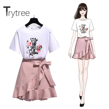 

Trytree 2020 Summer Two piece set Casual O-neck Letter Top + Skirt Stripe Belt Irregular Ruffles Mini Fashion Set 2 Piece Set