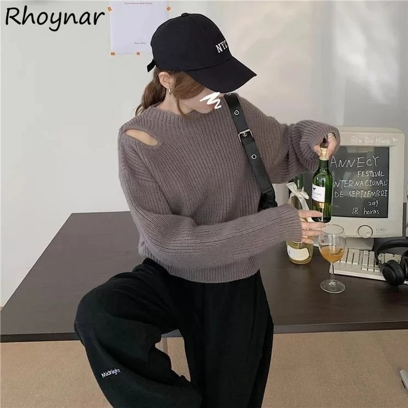 

Pullovers Women Off Shoulder Korean Style Lazy Autumn Chic Full Sleeve Basic Classic Hollow Out Design College All-match Warm