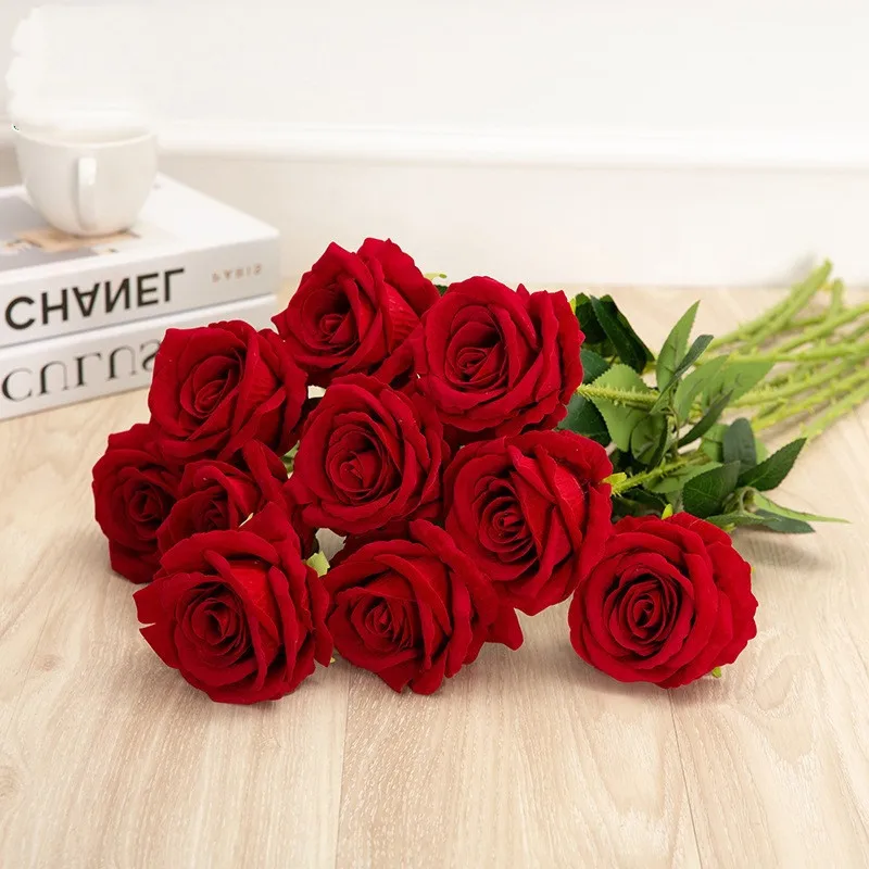 

Imitation Rose Single Flannelette European Red Rose Wedding Bride Holding Artificial Flowers Home Decoration Artificial Flowers