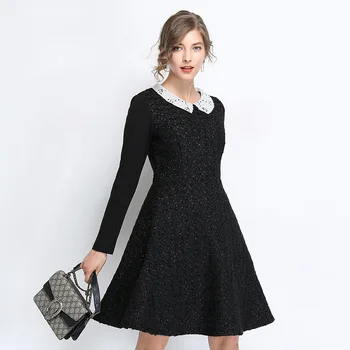

Autumn Fashion Ladies plus size elegant woolen Dress crochet peter pan collar beautiful party dress long sleeves vestidos XXXXXL