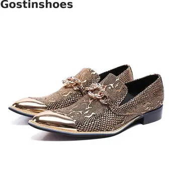 

Luxury Men Oxfords Leather Shoes Genuine Leather Golden Snakeskin Pattern Printed Metal Capped Toe Men Casual Leisure Shoes