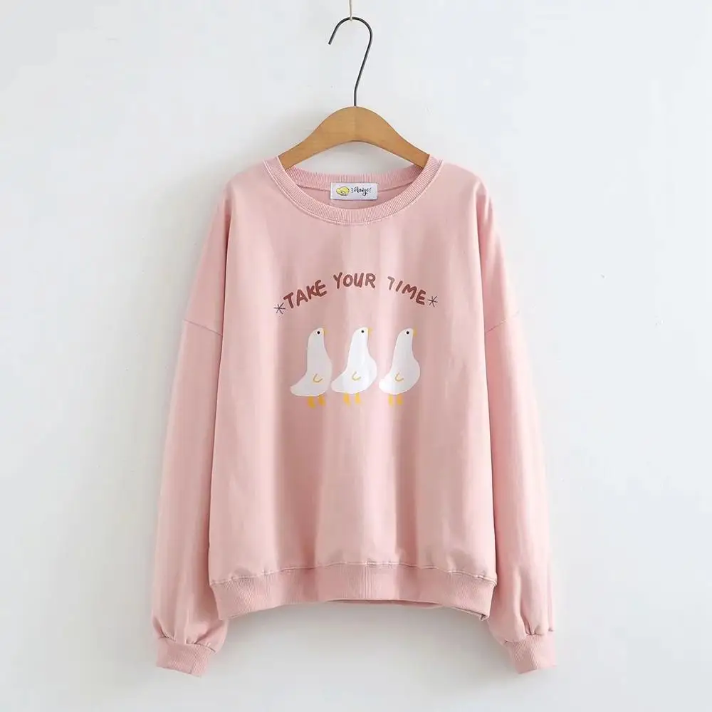 Pink Японские Женские милые свободные черные толстовки с капюшоном с принтом утки из мультфильма, студенческий свитер с длинными рукавами, 3 цвета, пуловер Mori Girl - Цвет: Pink