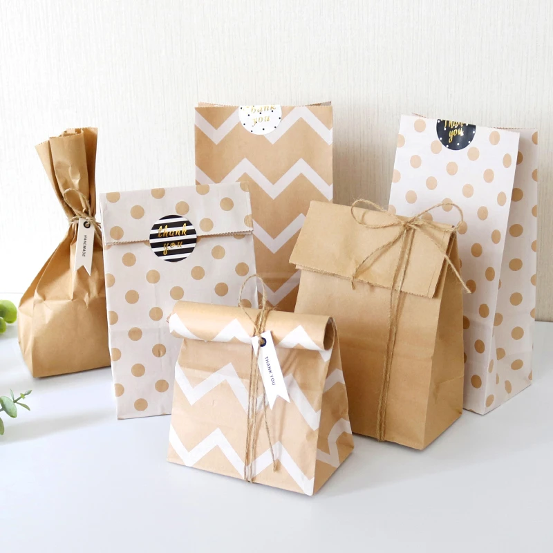 Bolsas de regalo Retro Kraft, bolsa papel artesanal en blanco a rayas de puntos en Zigzag, suministros de envoltura de regalos para fiesta de boda, sobre de DIY, 10