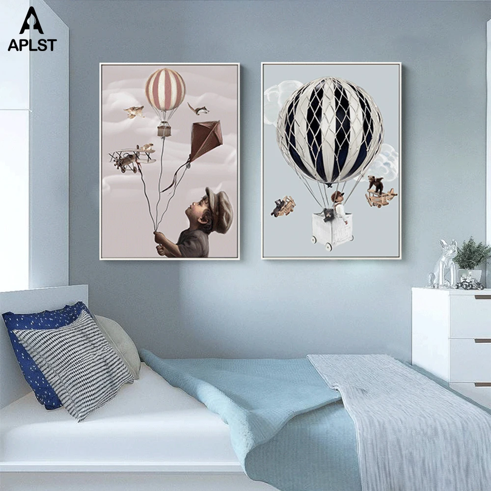 Kids Creative Imagination Canvas Posters &amp Prints Nursery Decor Balloon Kite Old Plane Paintings Baby Child Pictures for Bedroom | Дом и