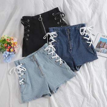 

2020 summer new denim women shorts side white bandage high waist zipper solid wide leg short sexy female shorts top quality
