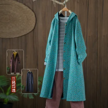 

2020 Spring Autumn Cotton Linen Windbreaker Coat Women Loose Large Size floral Hooded Hoodie Long cardigan Trench Coats m22