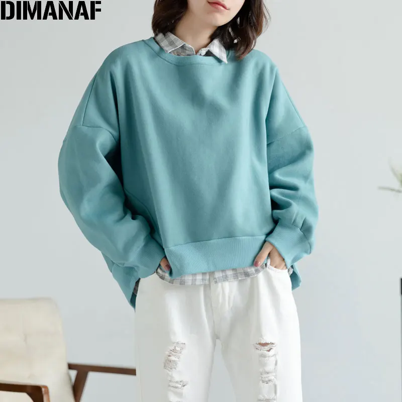 

DIMANAF 2019 Plus Size Women Sweatshirts Batwing Sleeve Thickening Winter Lady Patchwork Blue Solid Pullovers Cotton Loose Tops