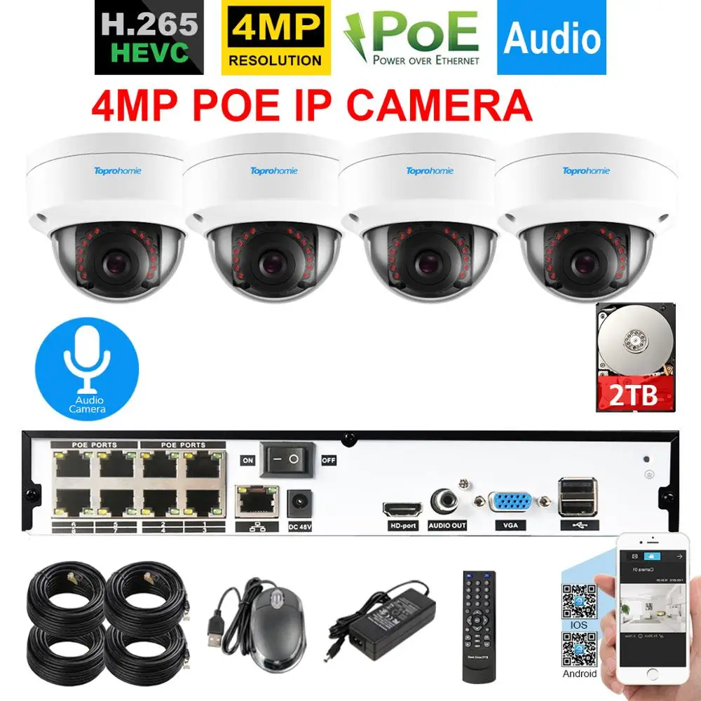 TOPROHOMIE 4CH CCTV H.265+ 5MP POE NVR 4MP Vandalproof камера безопасности Система 48 в аудио запись комплект ip-камеры видеонаблюдения