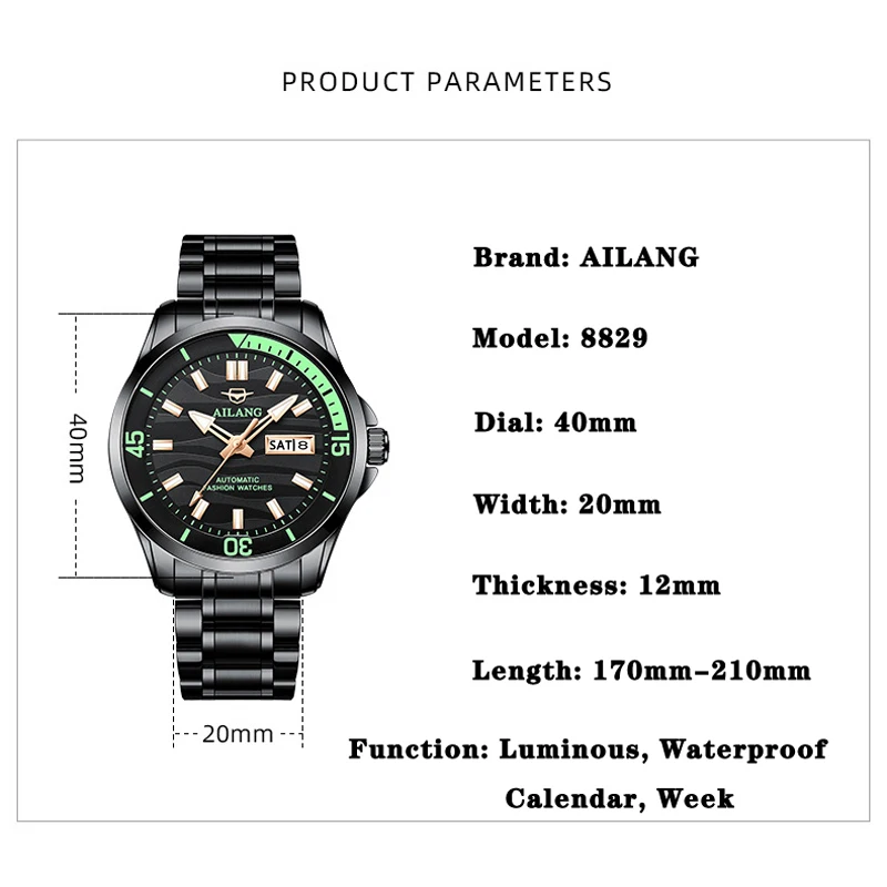Business Mens Mechanical Watch Luxury Stainless Steel Sport Waterproof Automatic Watch for AILANG