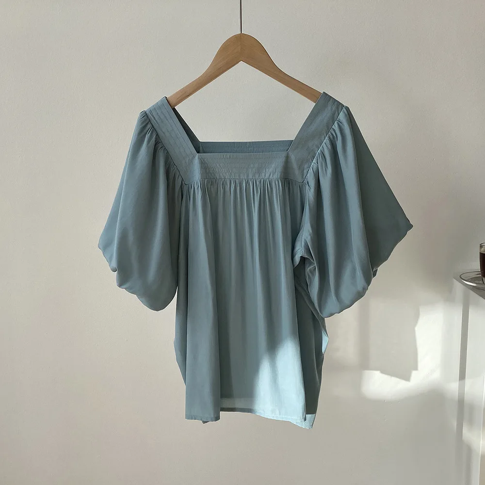 Women 2020 Summer Retro Casual Slim Thin Girl Square Collar Tops Female Solid Lantern Sleeve French Loose Blouse