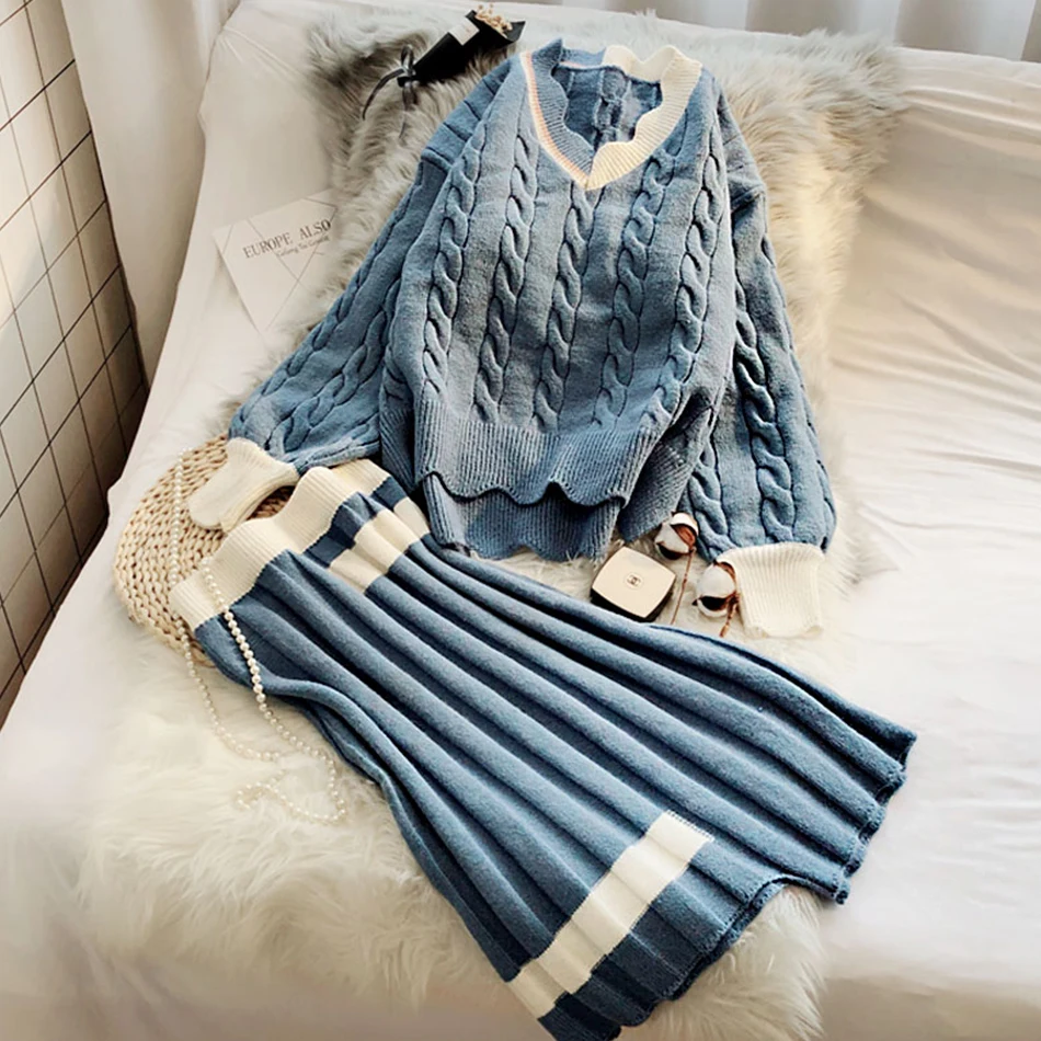 Genayooa свитер костюм V шеи комплект из двух предметов топ и юбка Женский комплект 2 шт. комплект одежды костюм осень зима толстые женские комплекты