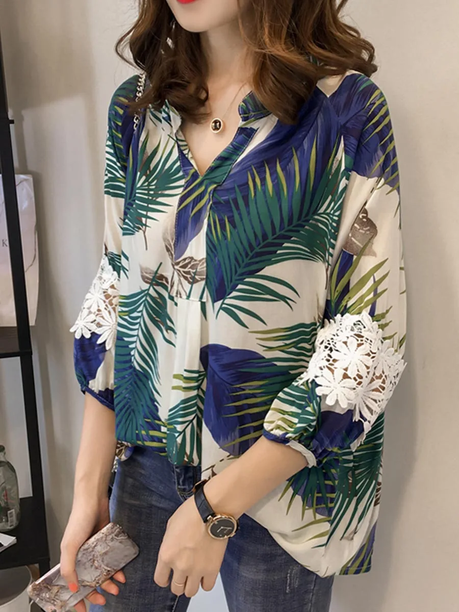 

Plus Size Korean Plant Print Blouses Women Autumn 2019 Lace V Neck Pullover Female Elegant Loose Vocation Top Long Sleeve Blouse