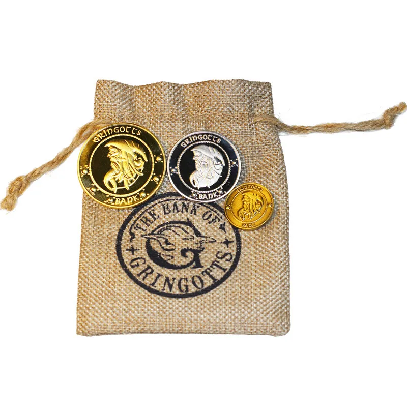 3 Metal Coins 1 Cloth Bag Gringotts Bank Harry Potter Wizard Cosplay Stage Party Kids Birthday Christmas | Тематическая одежда и