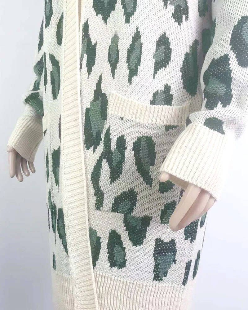 Леопардовый кардиган женский вязаный свитер осень зима длинный рукав европейский стиль длинный свитер