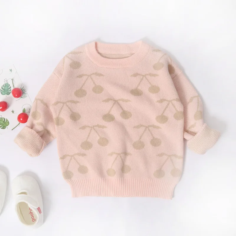 Новинка, осенний свитер для маленьких девочек и мальчиков, милые детские топы с рисунком вишни, свитер для мальчиков и девочек - Цвет: Розовый