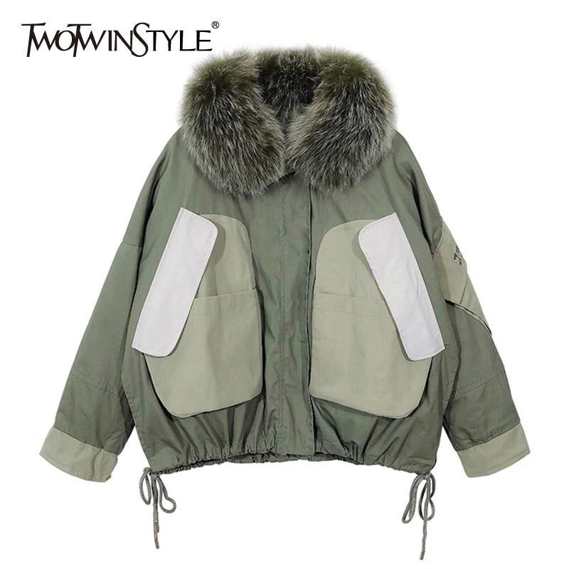 Женская парка с длинным рукавом TWOTWINSTYLE разноцветная теплая мехом большого