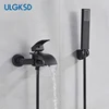 ULGKSD Black Bathtub Faucet Set Waterfall Spout Solid Brass Hot Cold Mixer Tap Bath Shower Faucet Wall Mounted Bathroom Faucet 1