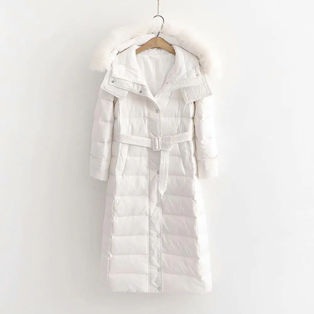 

2019 fashion new ladies autumn and winter solid color long down jacket women's large fur collar duck down lace straight thermal
