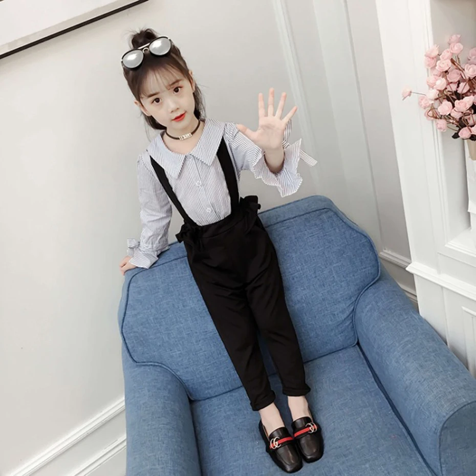 Kids Clothes Girls Striped Shirt& Jumpsuit Girl Clothes Patchwork Overalls Girl Suits Fall Fashion Children's Suit 6 8 10 12 14