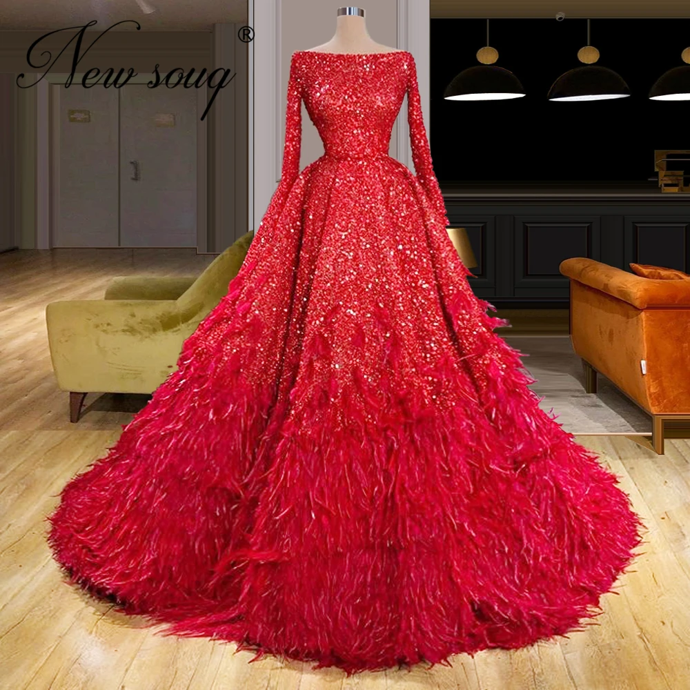 

Feathers Boat Neck Formal Evening Dresses New Arrival Long Beading Party Gown Middle East Muslim Prom Dress Robe De Soiree 2020