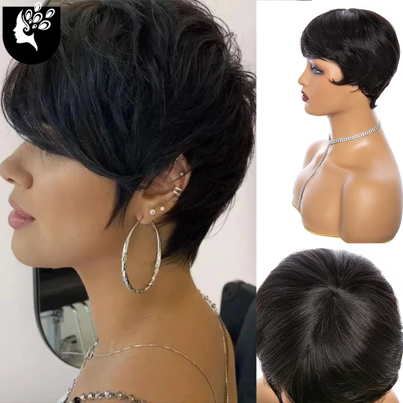 

Short Straight Bob Pixie Cut Non Lace Front Human Hair DREAM.ICE'S Wig With Bangs For Black Women Brazilian Cheap Human Hair Wig